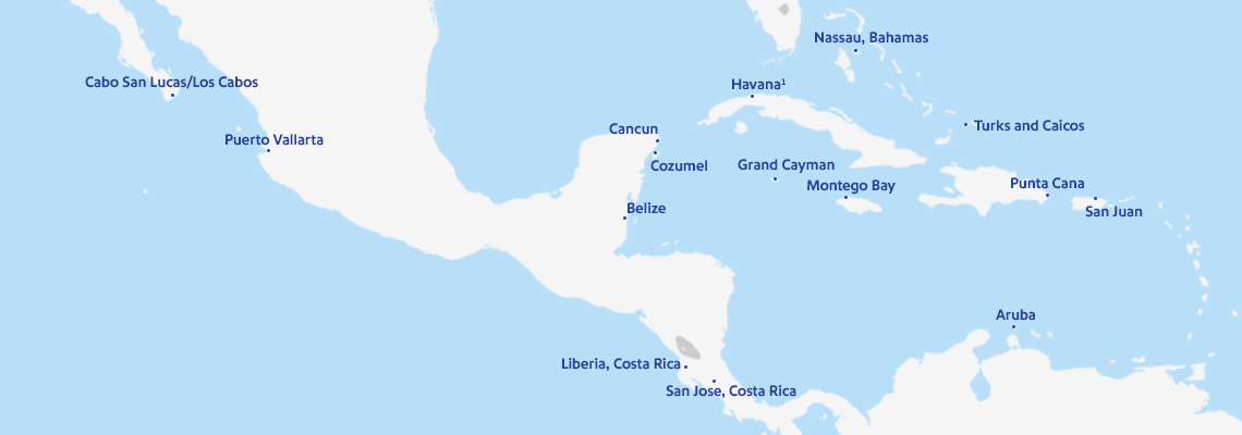 Map featuring the 14 international destinations that Southwest Airlines flies to. These include: Aruba, Belize, Cabo San Lucas/Los Cabos, Cancun, Cozumel, Grand Cayman, Havana, Liberia, Montego Bay, Nassau, Puerto Vallarta, Punta Cana, San Jose, Costa Rica, and Turks & Caicos