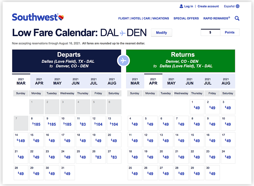 example of the low fare calendar for Southwest Airlines