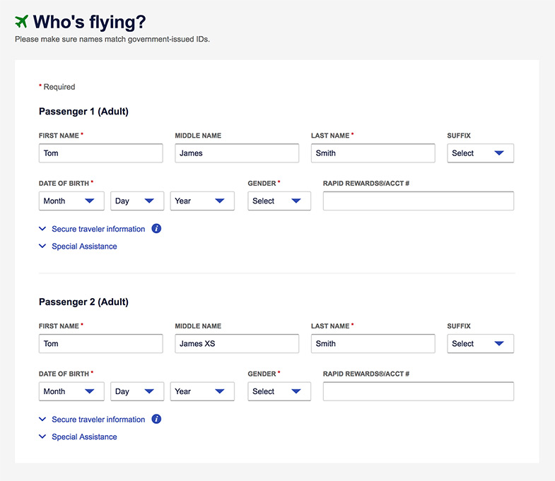 An image of a booking flow screenshot of entering the Passenger information on Southwest.com