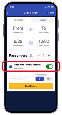 Toggle to book with a SWABIZ account