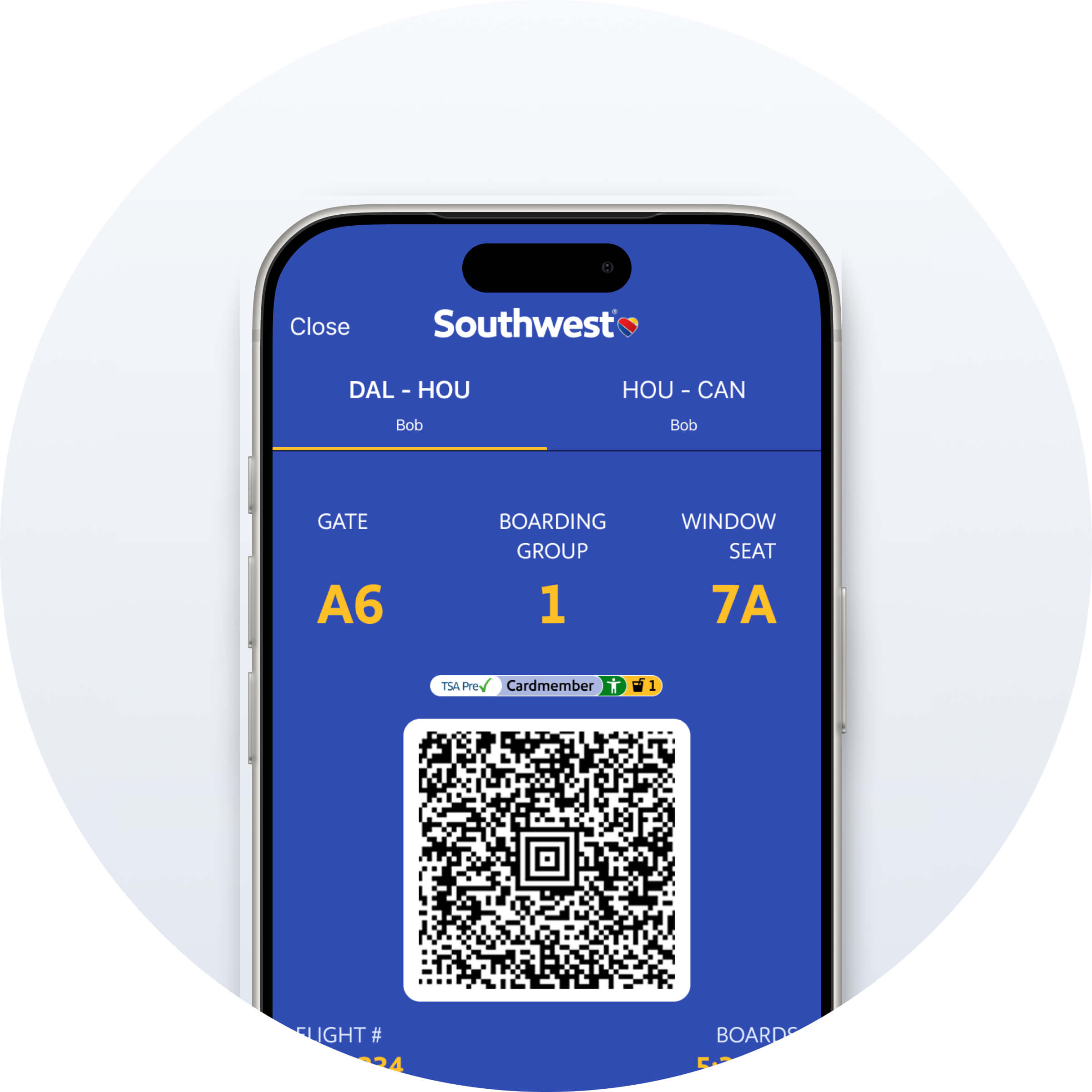 phone displaying the Southwest mobile app